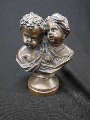 Bronze Figurine,: bust of young girl & boy, pedestal base, 19th century, 6", excellent.