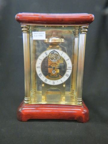 Crystal Regulator Type Skeleton Clock,: with chime, beveled base with brass & wood trim, 10 1/2", excellent.
