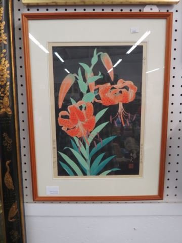 Japanese Woodblock Print of Tiger Lillies,: signed, image area 9 1/2" X 14 1/8".