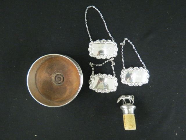 5 Sterling Silver Bar Items,: figural horse stopper, claret size coaster and a trio of liquor tags.