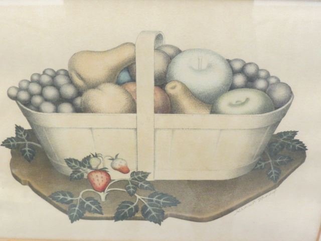 Grant Wood, lithograph, "Fruits",: hand-colored, original AAA label on back, approx. 9" x 12"...One of the major American Regionalist painters along with Thomas Hart Benton and John Steuart Curry, Grant Wood was born in Anamosa, Iowa,