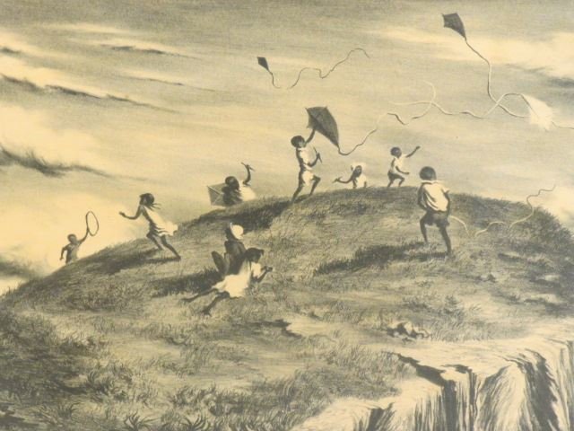 Lawrence Beall Smith, lithograph,: "Windy Hill", black children flying kites, original AAA label on back, image area 12 1/4" x 9 3/8"...Lawrence Beall Smith, painter, lithographer, illustrator and stone sculptor, was born in Washington
