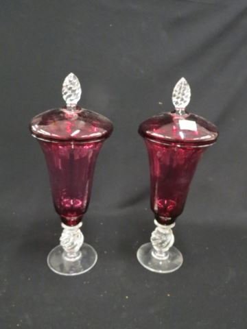 Pair of Cranberry Art Glass Urns,: clear swirling pedestal base & finial, 17" tall, excellent, attributed to Pairpoint.