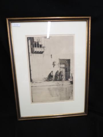 Charles W. Cain, "Whispering Steps": etching, middle eastern city scene, #27 of 75, pencil signed, image area 9 3/4" x 14 3/4"....Charles William Cain. 1893-1962.