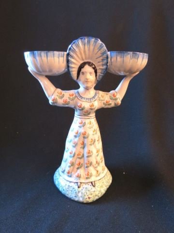 French Pottery Figural Master Salt,: maiden, flowers on dress, double cellars, signed, 7 1/2", excellent