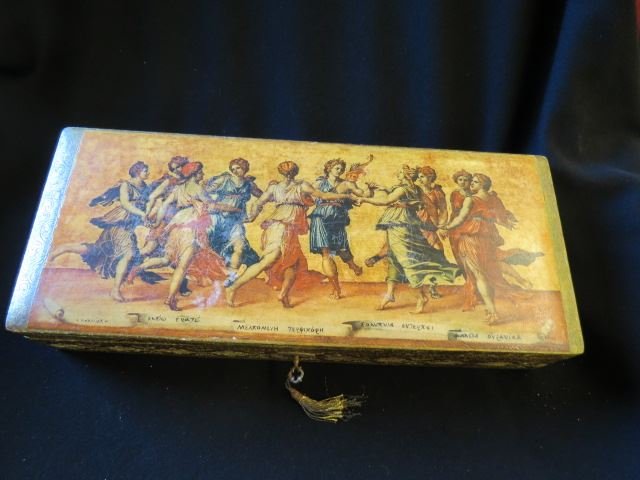 Italian Gilt and Carved Wood Box,: scene of classic figures on top, 6 1/2" X 15 1/2", locking, excellent