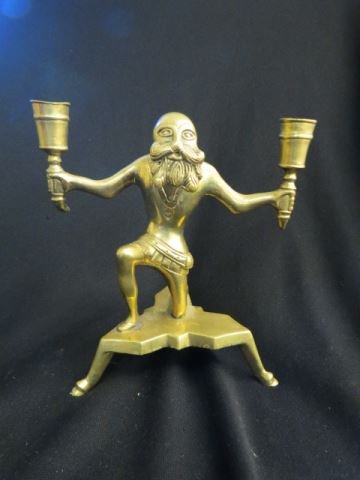 Brass Figural Candlabra,: older man holding torches, 8 1/2", hoof feet