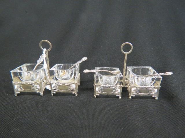 Pair of European Sterling & Glass Salt Cellars,: each double well, with fancy rose spoons, .800 fine.