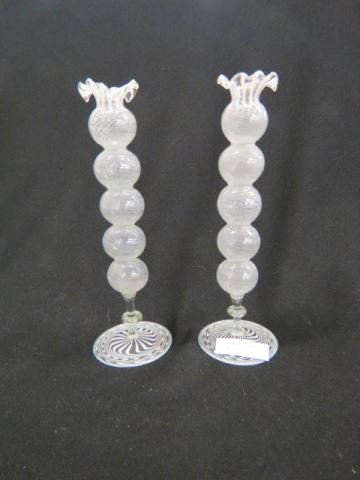 Pair of Bimini Style Art Glass Vases,: white threaded decor, five balls stack design, 7 1/2", excellent