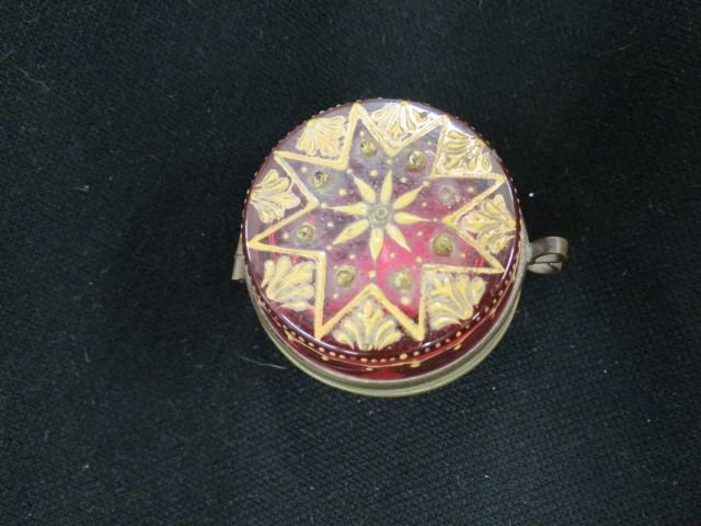 Moser Enameled Cranberry Art Glass Box,: patch size, 2" diameter, unsigned, circa 1880.