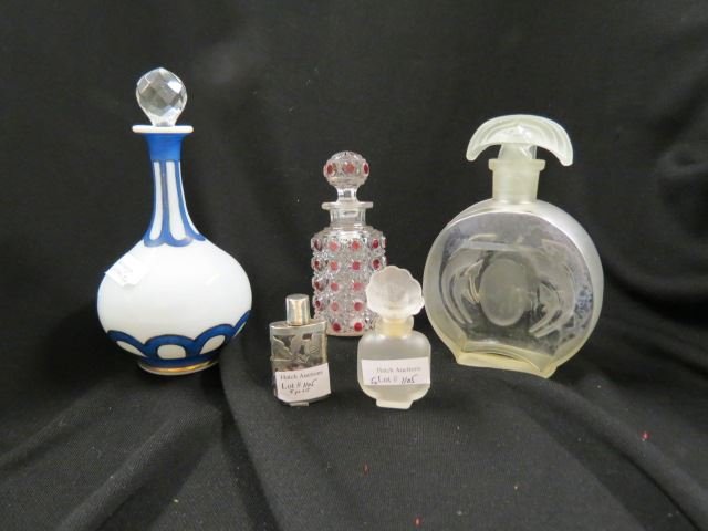 5 Perfume Bottles;: frosted, silver overlay, opaline & ruby flashed, tallest is 7".