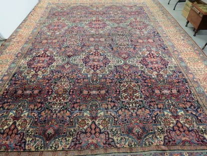 Lavar-Kirman Persian Handmade Room Size Rug,: antique, elegant florals, primarily blues, soft reds & ivory, 11' x 15'.