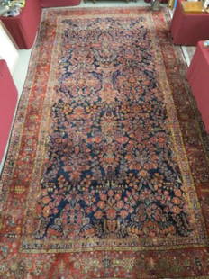 Sarouk Persian Handmade Palace Size Rug,: semi-antique, circa 1920, elegant florals, blue field, red & ivory trims with some greens & browns, a beautiful old rug, 11\'6\" x 21\'6\".