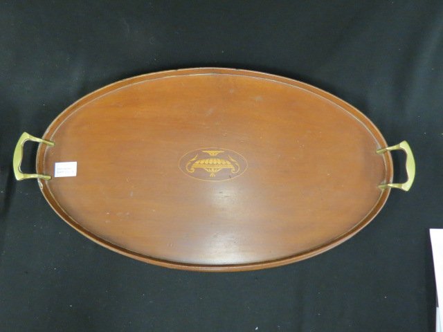 Mahogany Oval Serving Tray: fine inlaid oval medallion, brass handles, 14" x 24".