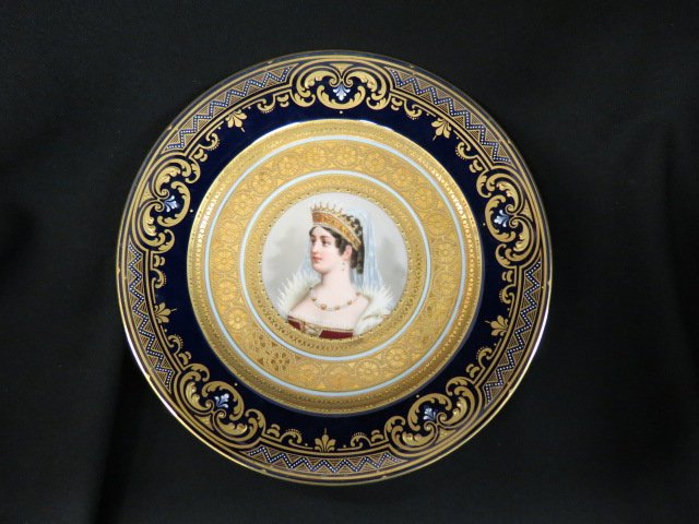 Royal Vienna Porcelain Portrait Plate,: Queen, elaborate cobalt and gold border, handpainted, 9 5/8", excellent.