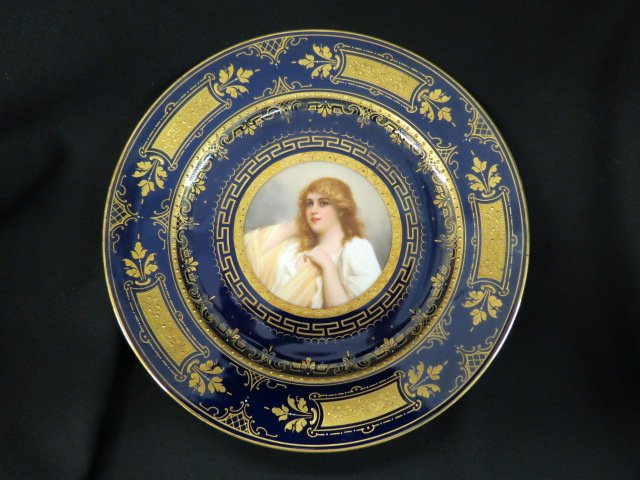 Royal Vienna Porcelain Portrait Plate,: "Traumen", young woman, handpainted, elaborate gold and cobalt trim, 10.25" excellent.