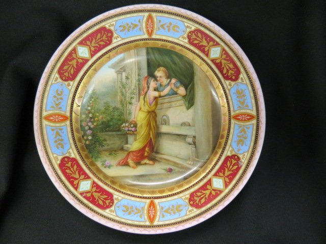 Royal Vienna Porcelain Portrait Plate,: courting scene, in the garden, handpainted, fine gold work, 9.5" excellent.