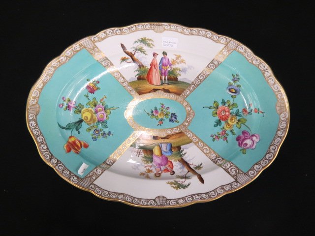 Meissen Handpainted Porcelain Platter,: four alternating panels with courting scenes and florals, after Watteau, crossed swords mark, late 19th centruy, 18.5" X 13" excellent.