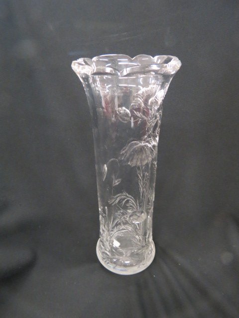 Hawkes "Gravic" Cut Glass Vase,: deeply intaglio cut poppies, 13.5" tall, minor side chip....Hawkes introduced its version of stone-wheel engraving in 1903 and called the glassware "gravic." The engraved flowers usually have miter-cu