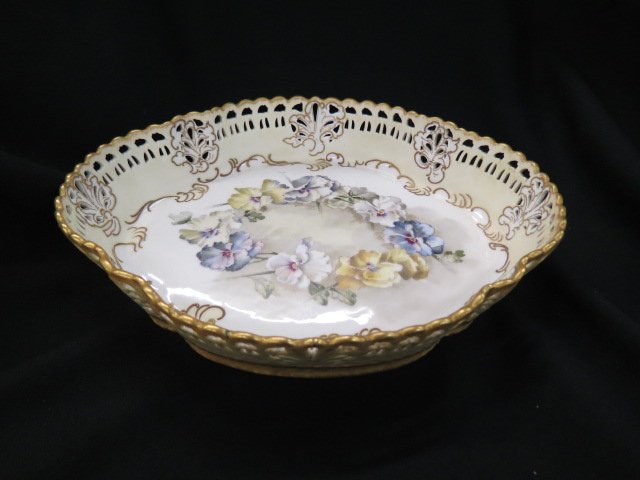Pairpoint Limoges Oval Serving Dish,: unusual openwork sides, handpainted pansy decor, elaborate gold trim, 10.25" X 12.25", circa 1900, excellent.