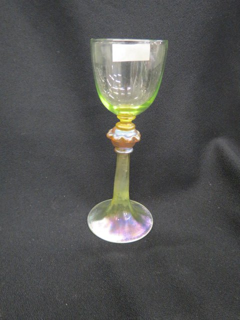 Tiffany Favrile Art Glass Wine Goblet,: chalice shape, unusual vaseline green top, irridescent base, decorated stem, signed and numbered, 7 3/8", excellent.