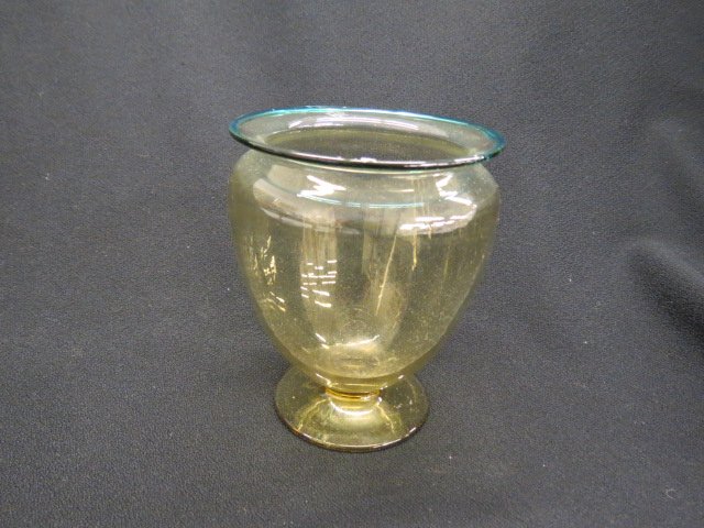 Steuben Art Glass Vase,: blue band on topaz, 5" tall, 4" diameter, excellent.