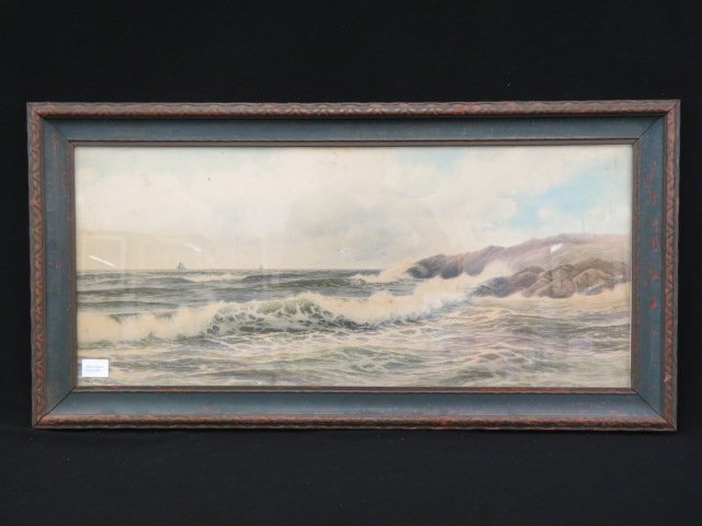 George Howell Gay, watercolor,: rocky coastline, ships in distance, gulls in flight, 32" X 14" image area, well listed artist 1858-1931.....George H. Gay was well known for his watercolor landscapes, seascapes and paintings of river