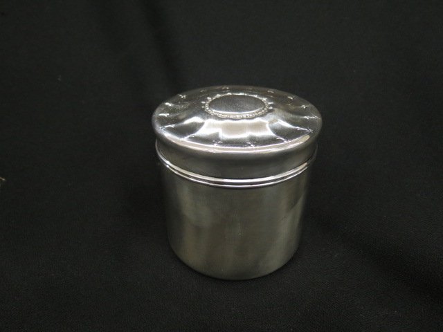 Tiffany Sterling Silver Box,: round, deco wheel style design on lid, 238 grams, 3.25", excellent.