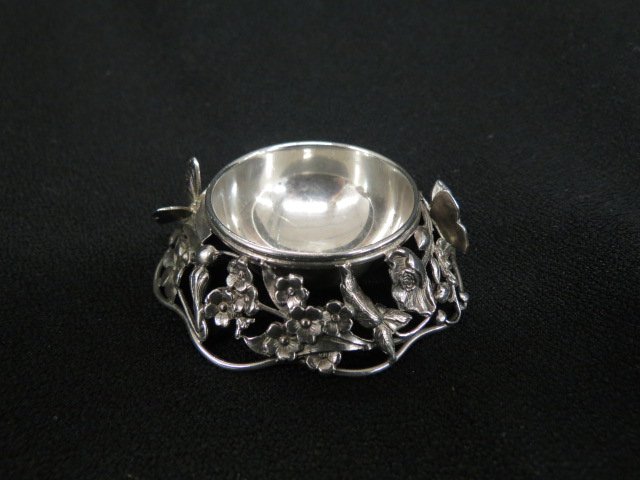 Shiebler Aesthetic Movement Salt Cellar,: applied butterflies and open work floral, 2.5", excellent.
