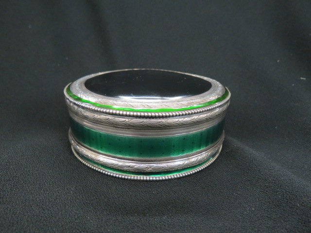 French Enameled Sterling Silver Box,: fine engine turned designs, hallmarked, 4.75" diameter, 246 grams.