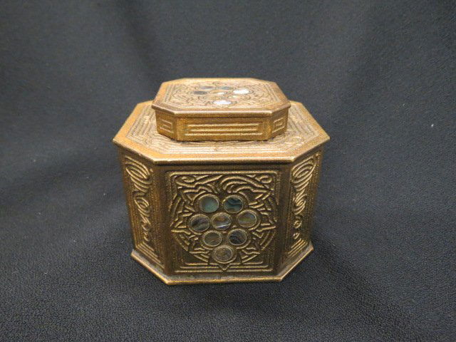 Tiffany Bronze and Abalone Inkwell,: octagon style, 3 3/4" across, #1157.