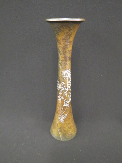 Heintz Bronze Sterling Vase,: rose decor, nice patina, 17 3/4" tall...Otto Heintz was born into a family of manufacturing jewelers established in 1875 in Buffalo , NY . By about 1902 he had purchased a small company, renamed it th