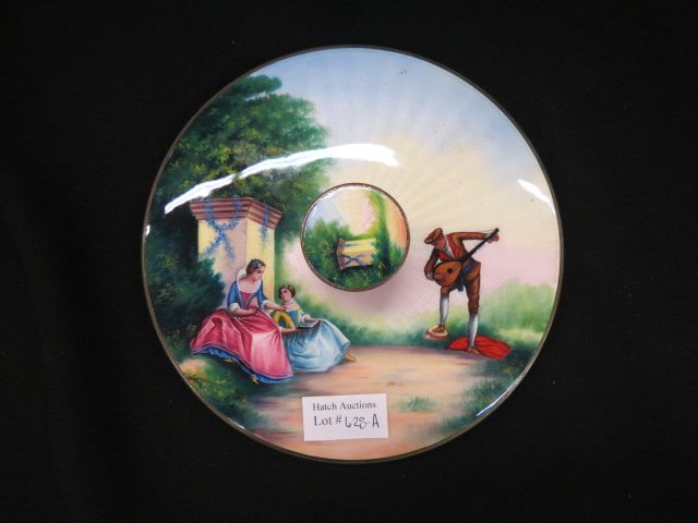 Enameled Hand Mirror,: courting scene, center handle, 6.75" diameter, circa 1890.