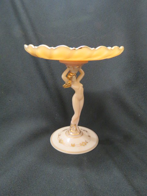 Cambridge Crown Tuscan Glass Compote,: figural nude base, shell top, handpainted, 8", excellent...Cambridge Crown TuscanBy Phyllis D. Smith. Photos by Helen KlemkoThe following article was originally published the June/July 1992 issue of G