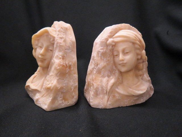 Pair of Carved Marble Bookends,: portraits of young girls, 6".