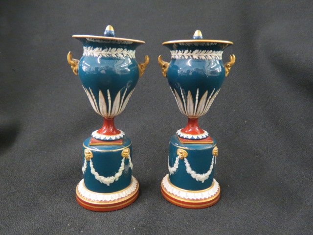 Pair of Wedgwood Glossy Jasperware Urns,: covered, bolted pedestal bases, multicolor, ram head handles, 6", beautiful!