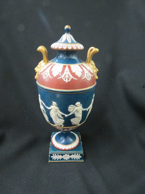 Wedgwood Glossy Jasperware Covered Urn,: dancing maidens, multicolor, bolted on pedestal base (base as is), god on handles, 11.5" tall, early.