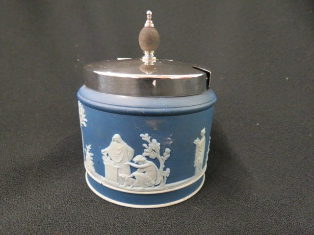 Wedgwood Jasperware Dark Blue Jam Jar,: classical figures, silverplate lid, 4", excellent.