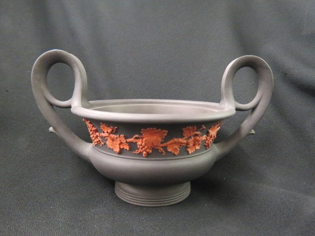 Wedgwood Basalt and Jasperware Centerpiece Urn,: large loop handles, terra cotta grape and vine on black, 6.5" tall, 10" diameter (to handle ends)...Josiah Wedgwood introduced into production a black stoneware body in 1768. The first trials for Wedg