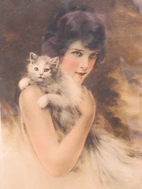 Eda S. Doench,: lithograph "Prize Winners", lady with cat, Art Deco era, 10.5" X 15.5", original frame, Gutmann and Gutmann.