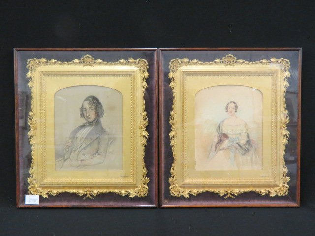 Pair of 1839 Portraits,: young man and woman, by R. Nichols, framed by Lombardi, Brighton, superb gilt frames in shadowbox outer frames, fine watercolor, pen and ink.