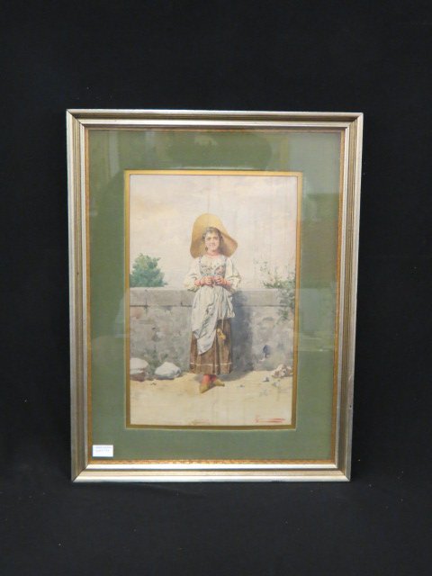 Italian Watercolor of a Young Woman,: at a stone wall, signed, very well done, image area 11" X 16".