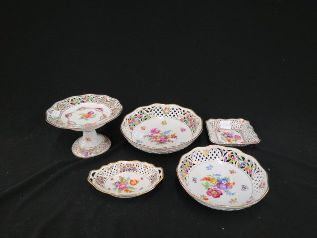 5 pcs. Schumann Bavarian Porcelain Serving Pieces,: Dresden florals, fancy openwork, 7.5" and 9" bowls, complete, square dish and oval dish, excellent.