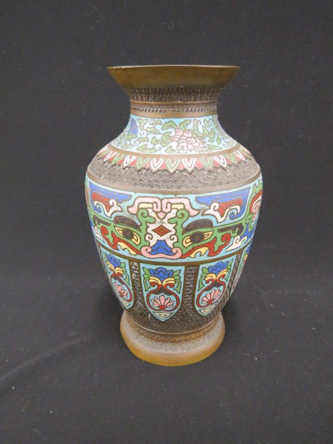 Japanese Champleve Bronze Vase,: deco style designs, 11.75"....Champlevé is an enamelling technique in the decorative arts, or an object made by that process, in which troughs or cells are carved, etched, die struck, or cast into th