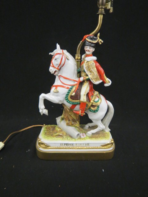 Figural Porcelain Lamp with Horse and Rider,: "Prince Eugene", 10.5" figurine, excellent.