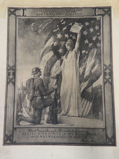 Edwin H. Blashfield, drawing,: pencil drawing, WW I illustration art, "Columbia gives to her son the accolade of the new chivalry of humanity", 12.5" X 16.25", well listed artist, a fine patriotic original.....A native New Yorker, 