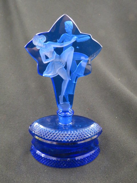 Czechoslovakia Art Glass Perfume Bottle,: intaglio dancers, rich cobalt, 7.5", excellent.