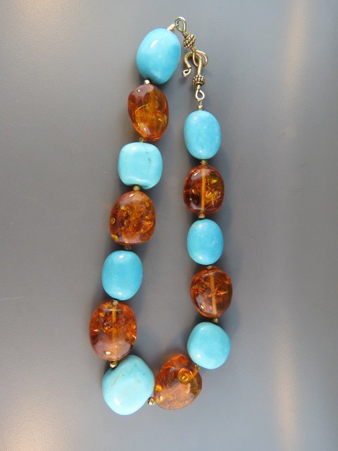 Turquoise and Amber Necklace,: large alternating beads, 16" long, beautiful, clasp gold colored metal