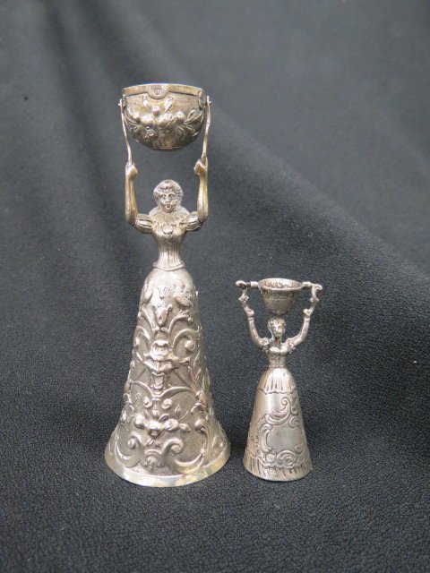 2 Dutch Silver Figural Wedding Cups,: .800 fine, 2.5" and 5", circa 1900.