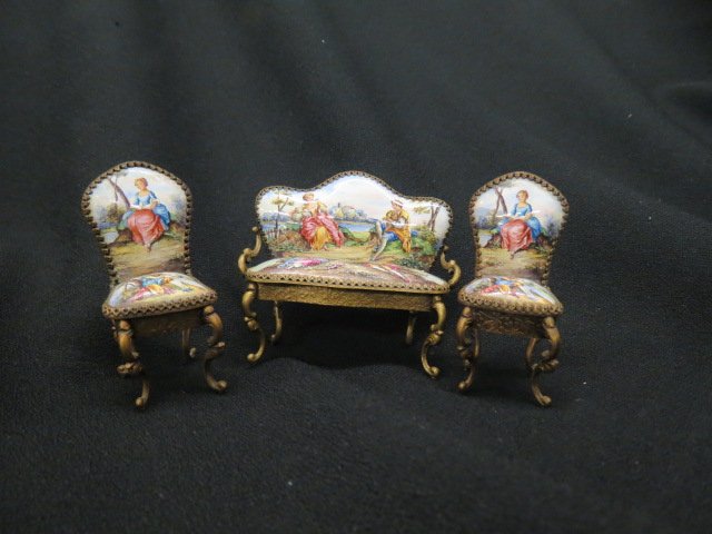 3 pc. Vienna Enamel Parlor Set, miniature,: loveseat and two chairs, 2 1/2" tall, circa 1900, excellent.
